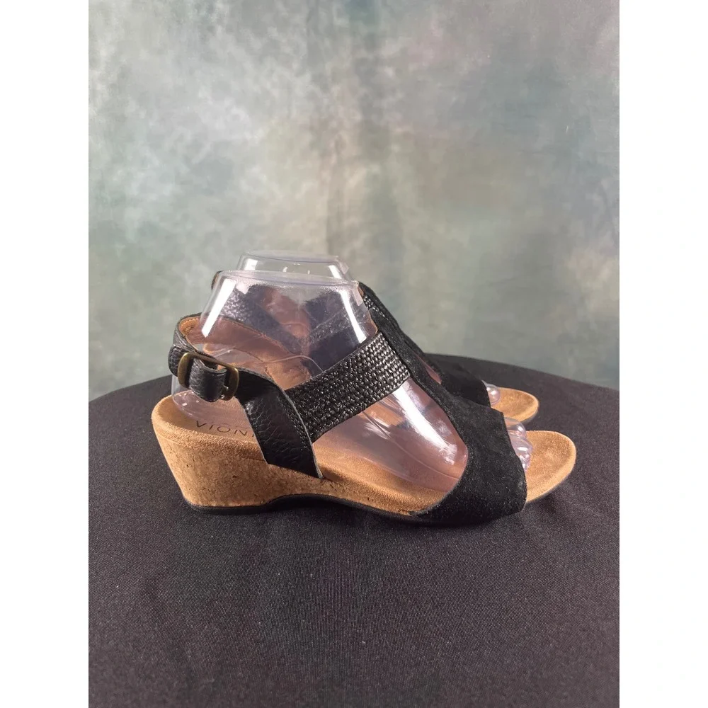 Vionic Kaytie Black Suede Leather Cork Wedge Slingback Sandals‎ Womens 8
